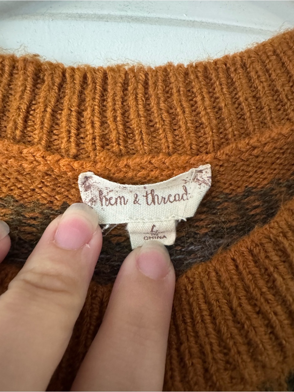 Hem & Thread Cream Fair Isle Crewneck Sweater with Brown and Mustard Accents - Picture 2 of 3